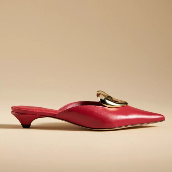 ❤️ ANTHROPOLOGIE Maeve Red Gold Heart Mule Kitten Heels Genuine Leather - Picture 2 of 12